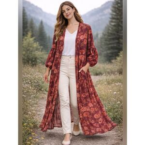 Joyfolie Brenna Dark Red Floral Maxi Longline Cardigan Balloon Sleeves Duster M